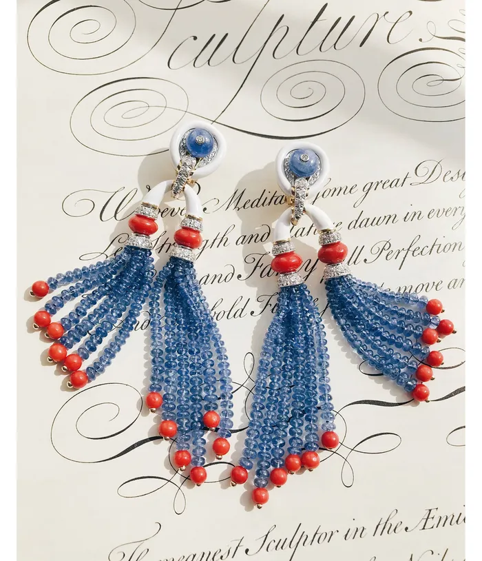 David Webb Workshop Earrings Pagoda Tassel Earrings with Diamonds Coral and Sapphire Beads