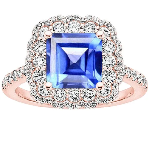 Double Halo Natural Earth Mined Diamond Engagement Ring 5 Carats Asscher Ceylon Sapphire HarryChadEntcom Rings