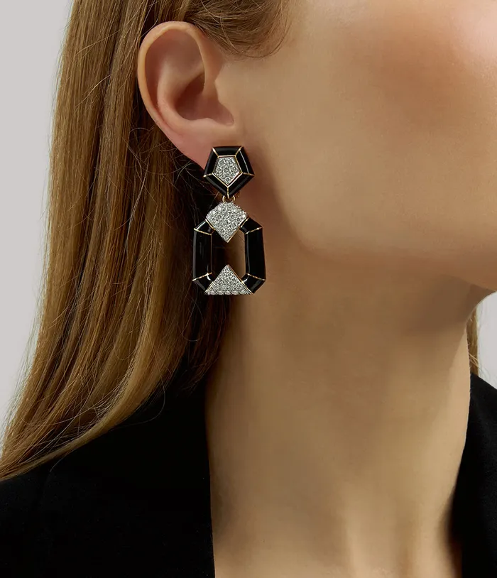 Earrings David Webb Workshop Pentagon Bamboo Earrings Black Enamel