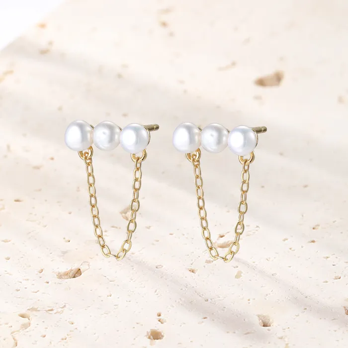 Earrings Hey Happiness Trio Pearl Chain Stud Earrings Sterling Silver Earrings Hey Happiness Trio Pearl Chain Stud Earrings Sterling Silver