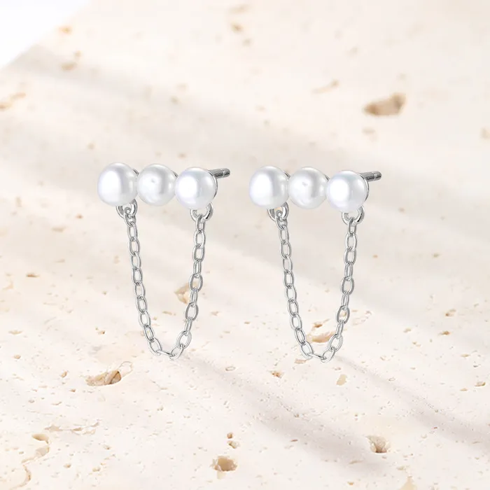 Earrings Hey Happiness Trio Pearl Chain Stud Earrings Sterling Silver Earrings Hey Happiness Trio Pearl Chain Stud Earrings Sterling Silver