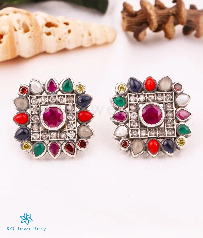 Earrings Silversmith The Vishruth Silver Earstuds NavratnaOxidised