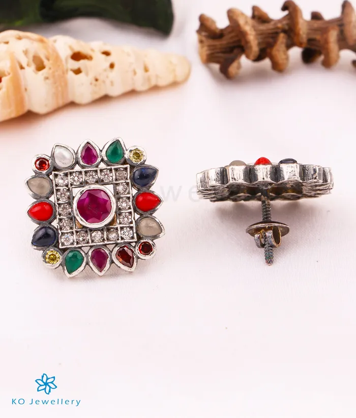 Earrings Silversmith The Vishruth Silver Earstuds NavratnaOxidised