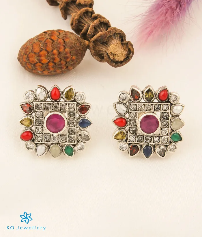 Earrings Silversmith The Vishruth Silver Earstuds NavratnaOxidised
