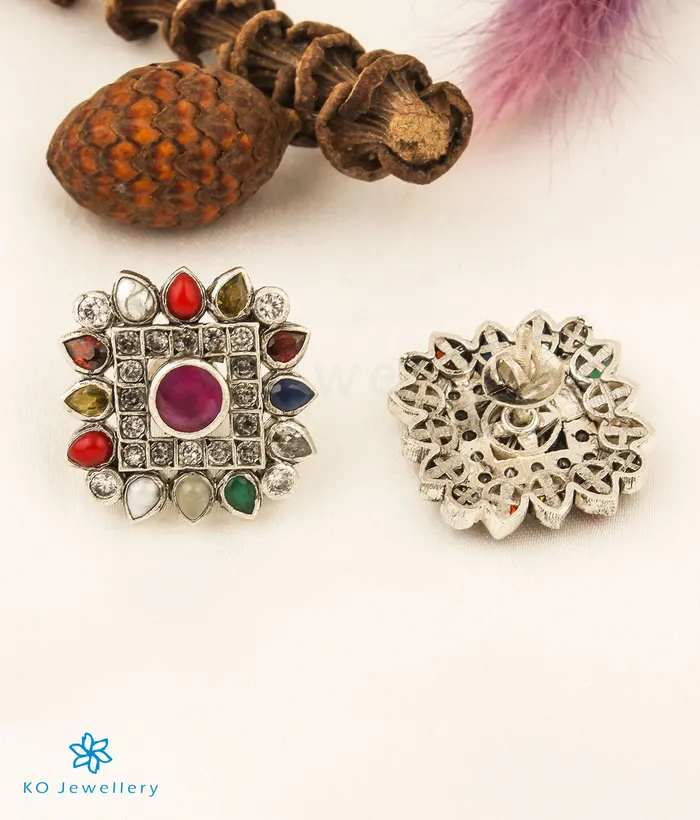 Earrings Silversmith The Vishruth Silver Earstuds NavratnaOxidised