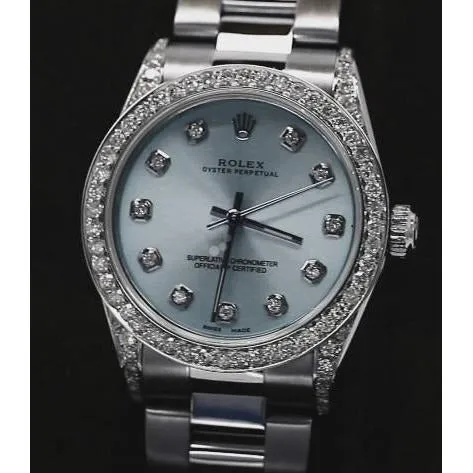 GB Bracelets Blue Custom Diamonds Dial Midsize No Date Rolex Watch Bracelet Ss GB Bracelets Blue Custom Diamonds Dial Midsize No Date Rolex Watch Bracelet Ss