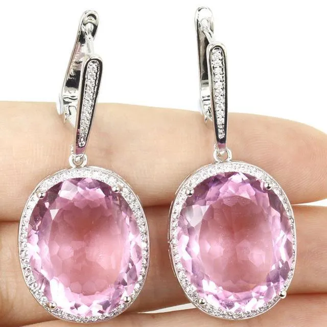 GB Earrings 2500 Ct Prong Set Kunzite And Natural Earth Mined Diamonds Dangle Earrings White Gold 14K GB Earrings 2500 Ct Prong Set Kunzite And Natural Earth Mined Diamonds Dangle Earrings White Gold 14K
