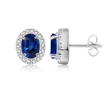 GB Earrings Oval Ceylon Sapphire Halo Natural Earth Mined Diamond Stud Earring White Gold 14K 240 Ct GB Earrings Oval Ceylon Sapphire Halo Natural Earth Mined Diamond Stud Earring White Gold 14K 240 Ct