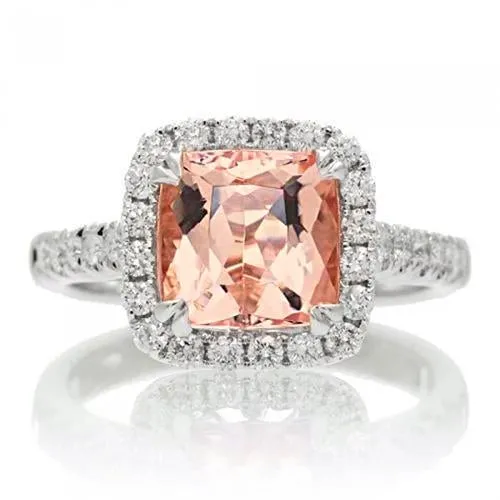 GB Rings Cushion Morganite And Natural Earth Mined Diamond 27 Ct Ring White Gold 14K GB Rings Cushion Morganite And Natural Earth Mined Diamond 27 Ct Ring White Gold 14K