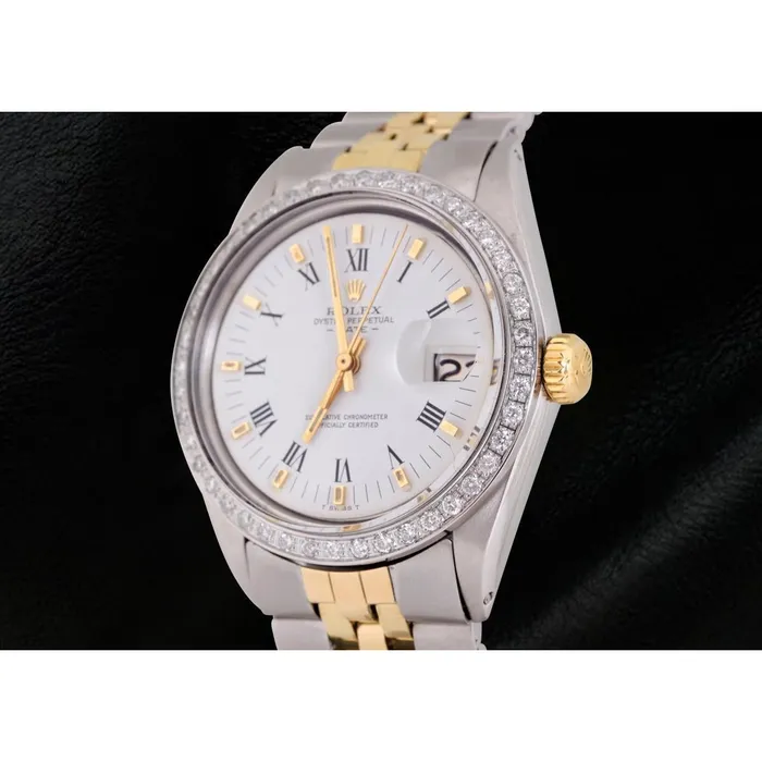 GB Rings Rolex Date Men Watch Roman Dial Diamond Bezel Two Tone Jubilee