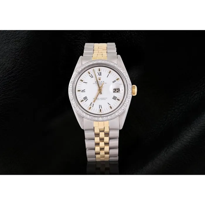 GB Rings Rolex Date Men Watch Roman Dial Diamond Bezel Two Tone Jubilee