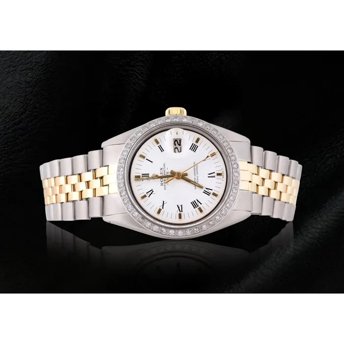 GB Rings Rolex Date Men Watch Roman Dial Diamond Bezel Two Tone Jubilee