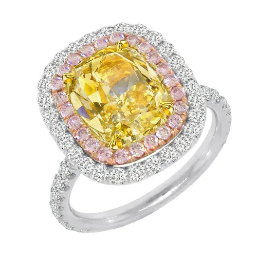 HarryChadEntcom Canary Yellow Cushion Diamond Halo Ring With Pink Sapphires Rings HarryChadEntcom Canary Yellow Cushion Diamond Halo Ring With Pink Sapphires Rings