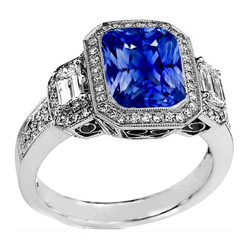 HarryChadEntcom Rings Halo Radiant Sapphire Ring Milgrain Shank Baguette Natural Earth Mined Diamonds 4 Carats HarryChadEntcom Rings Halo Radiant Sapphire Ring Milgrain Shank Baguette Natural Earth Mined Diamonds 4 Carats
