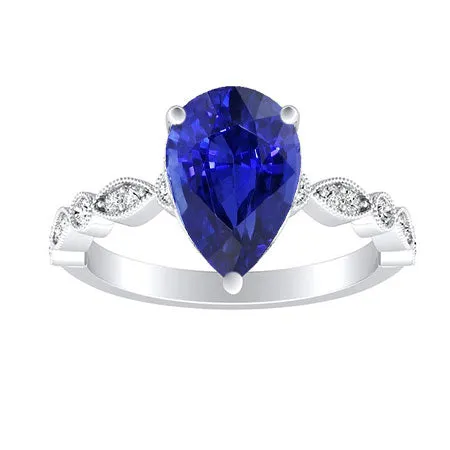 HarryChadEntcom Rings Round Natural Earth Mined Diamond Pear Blue Sapphire Anniversary Ring 2 Carats Milgrain HarryChadEntcom Rings Round Natural Earth Mined Diamond Pear Blue Sapphire Anniversary Ring 2 Carats Milgrain