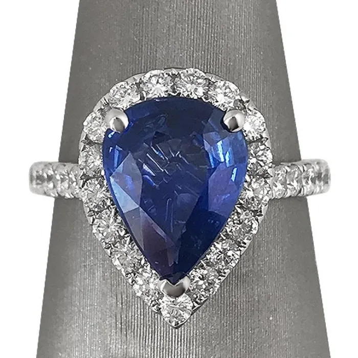 Rings GB Halo Sapphire Pear Engagement Natural Earth Mined Diamond Ring