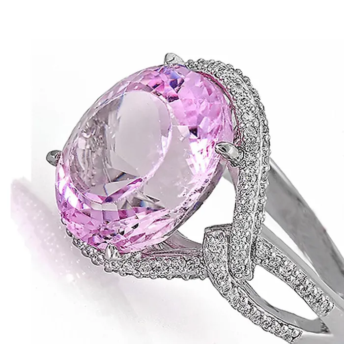 Rings GB Solitaire With Accent 33 Carats Kunzite With Natural Earth Mined Diamonds Ring 14K Gold Rings GB Solitaire With Accent 33 Carats Kunzite With Natural Earth Mined Diamonds Ring 14K Gold
