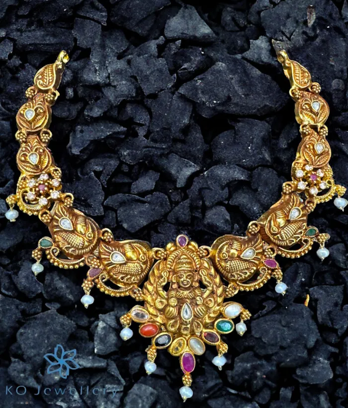 Temple The Aradhya Silver Lakshmi Navratna Necklace Necklaces