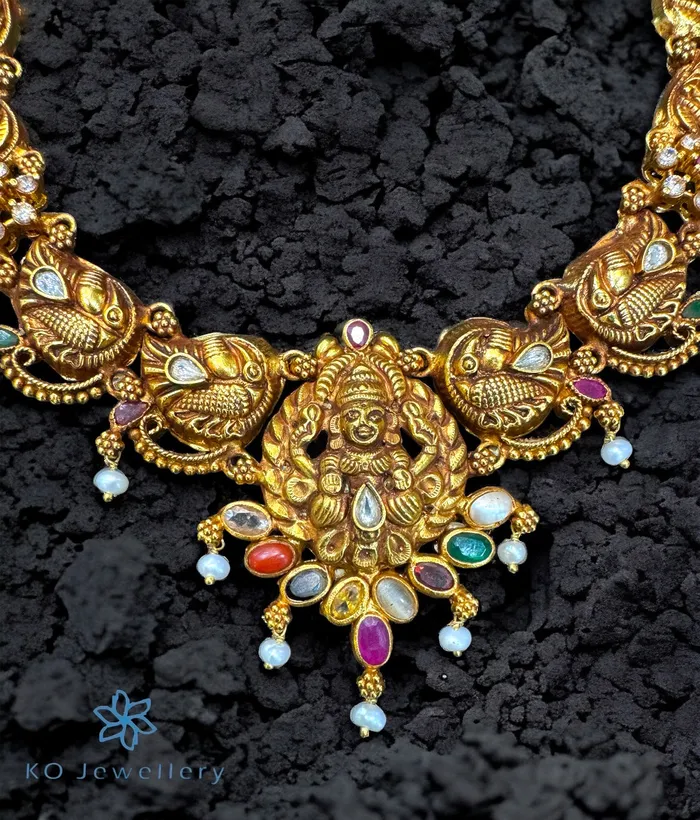 Temple The Aradhya Silver Lakshmi Navratna Necklace Necklaces