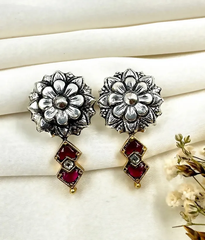 The Floral Silver Kundan Earrings Red2 tone Kundan Earrings