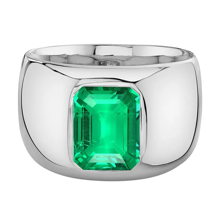 Thick Mens Ring Green Emerald Bezel Set White Gold HarryChadEntcom Rings